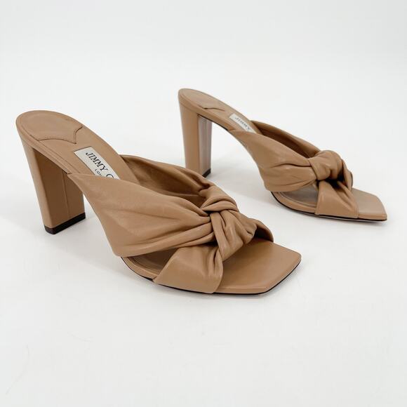 Jimmy Choo Avenue 85 Beige Tan Leather Knotted Block Heel Slide Sandals IT 39 - Picture 2 of 12